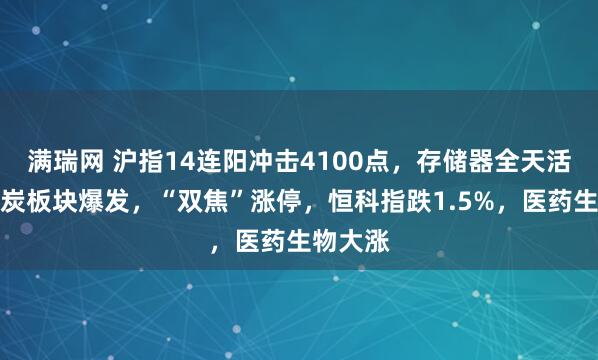 满瑞网 沪指14连阳冲击4100点，存储器全天活跃，煤炭板块爆发，“双焦”涨停，恒科指跌1.5%，医药生物大涨